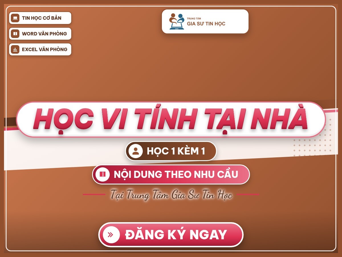 Poster “Học vi tính tại nhà” trên nền thương hiệu, giới thiệu học 1 kèm 1 và các khóa tin học.